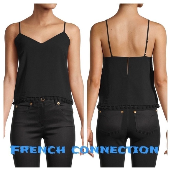 French Connection Pom-Pom V-Neck tank Top black layering - Picture 1 of 12